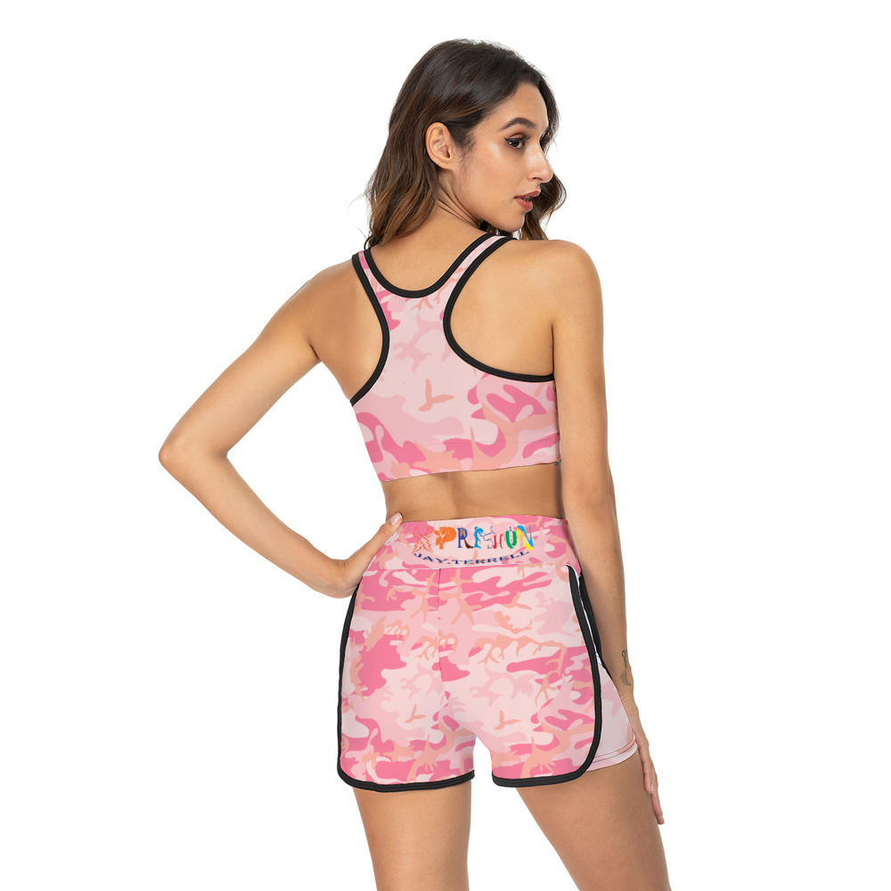 Xpreshun Pink Camo Women's Activewear Racerback Bra & Shorts Set