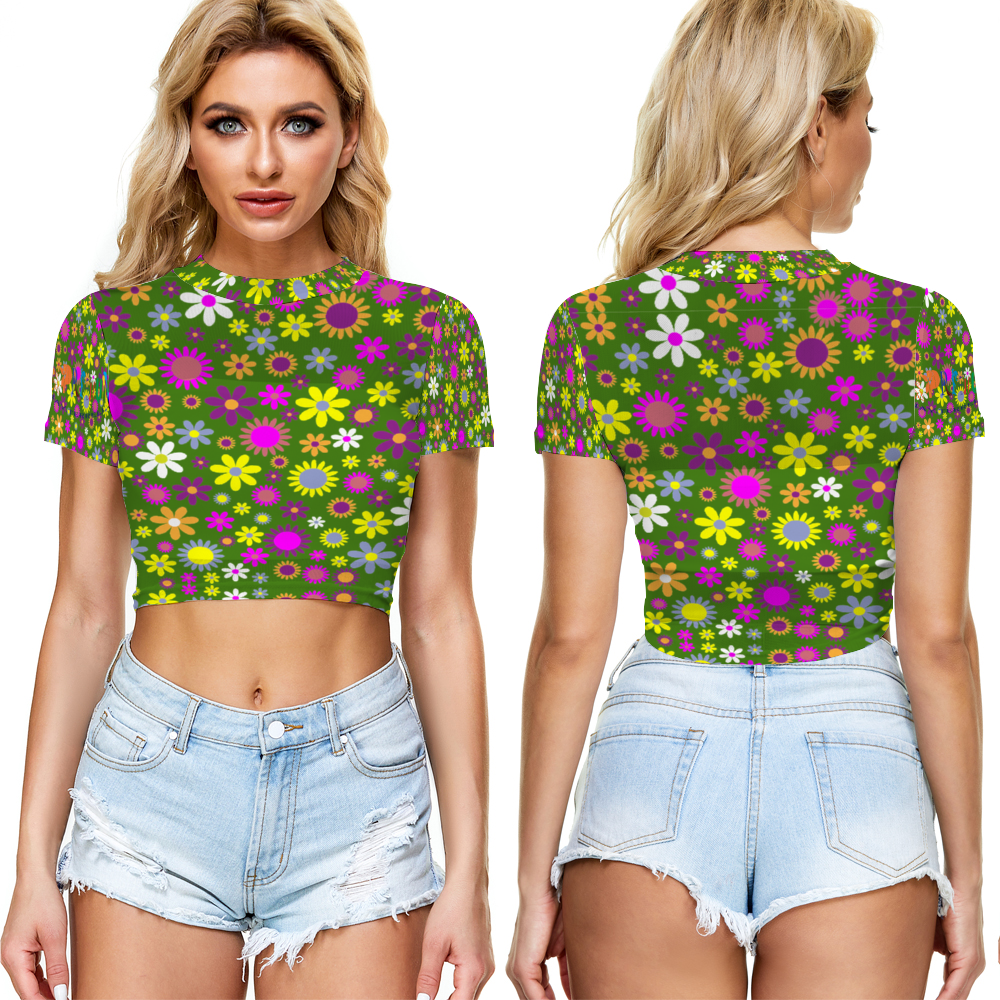 Xpreshun Flower Power All Over Print Sheer Tee Mesh Crop Top See Through
