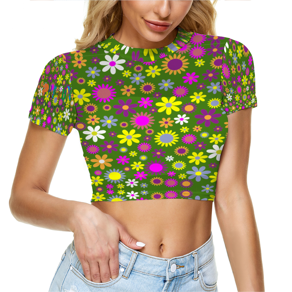 Xpreshun Flower Power All Over Print Sheer Tee Mesh Crop Top See Through