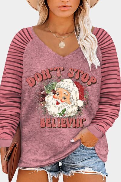 Plus Size DON'T STOP BELIEVIN Striped Long Sleeve T-Shirt